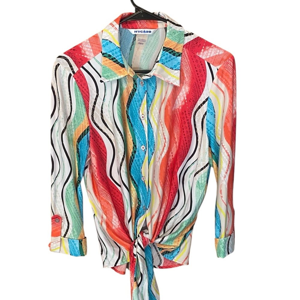 Peter Nygard Colorful Abstract Tie Front Button Down Shirt Size Medium